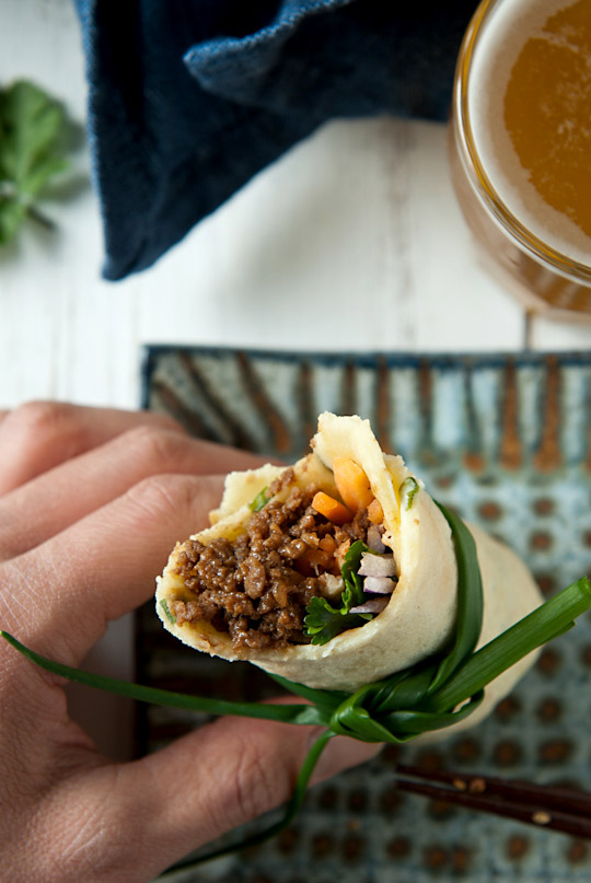 chive crêpes with miso flavoured ground beef