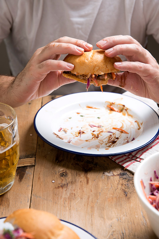 pulled pork and red cabbage coleslaw sandwich