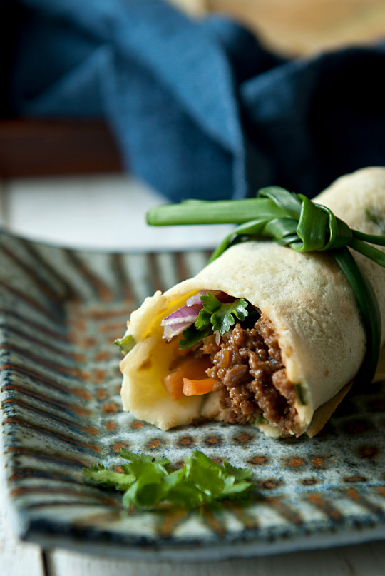 chive crêpes with miso flavoured ground beef