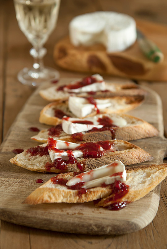 toasted baguette slices with Brie cheese and Strawberry Balsamic Black Pepper Jam