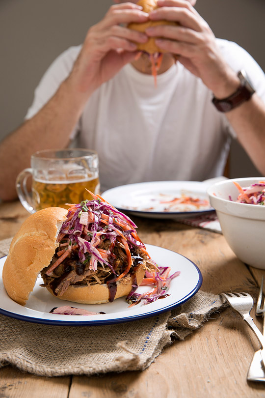 pulled pork sandwich and red cabbage coleslaw